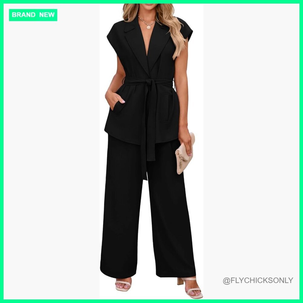 Lightweight Polyester Blazer Vest Wide Leg Pant Set